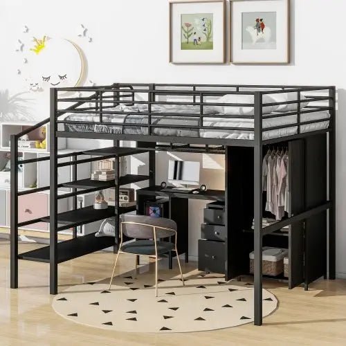 Bellemave® Full Size Metal Loft Bed with Table Set and Wardrobe - Bellemave