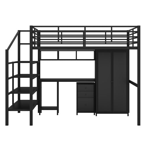 Bellemave Full size Metal Loft Bed With table set and wardrobe - Bellemave