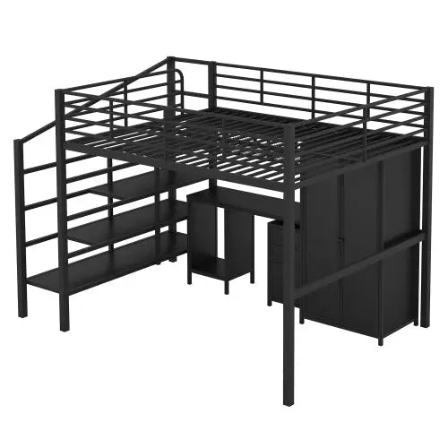 Bellemave Full size Metal Loft Bed With table set and wardrobe - Bellemave