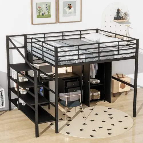 Bellemave Full size Metal Loft Bed With table set and wardrobe - Bellemave