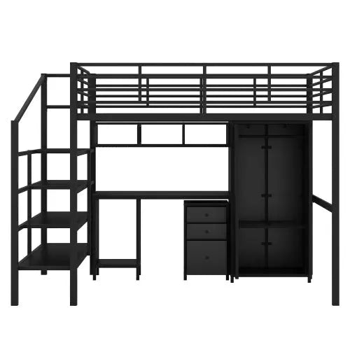 Bellemave Full size Metal Loft Bed With table set and wardrobe - Bellemave