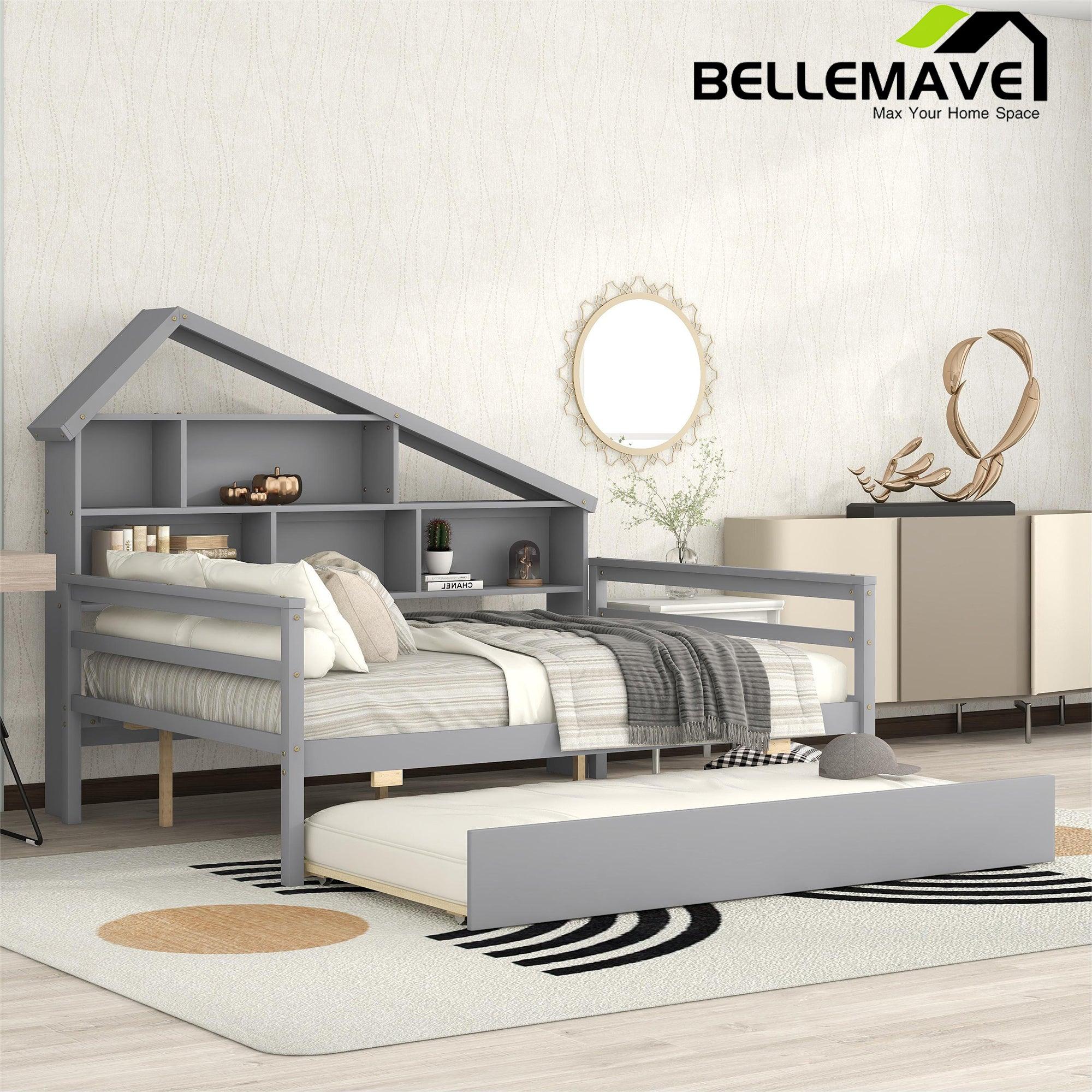 Bellemave Full Size Platform Bed with Trundle and Shelves - Bellemave