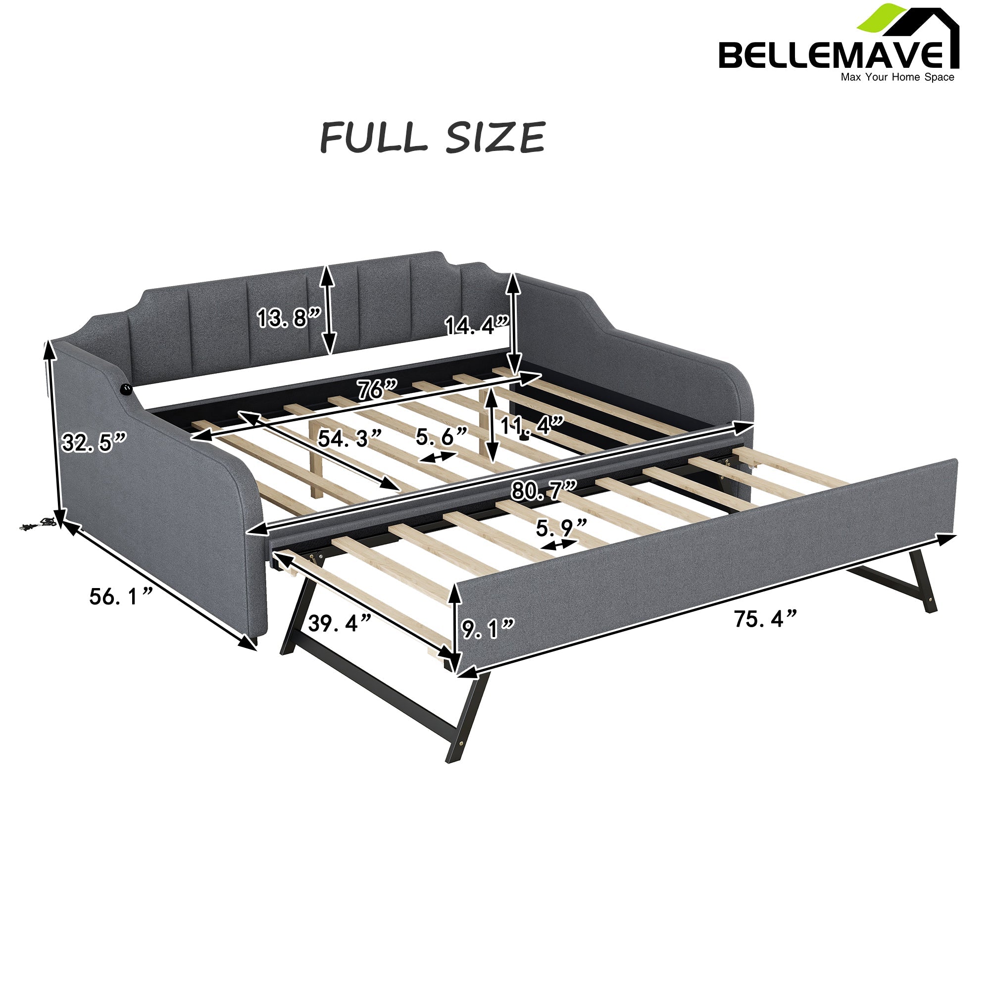 Bellemave Full Size Upholstery Daybed with Trundle and USB Charging - Bellemave