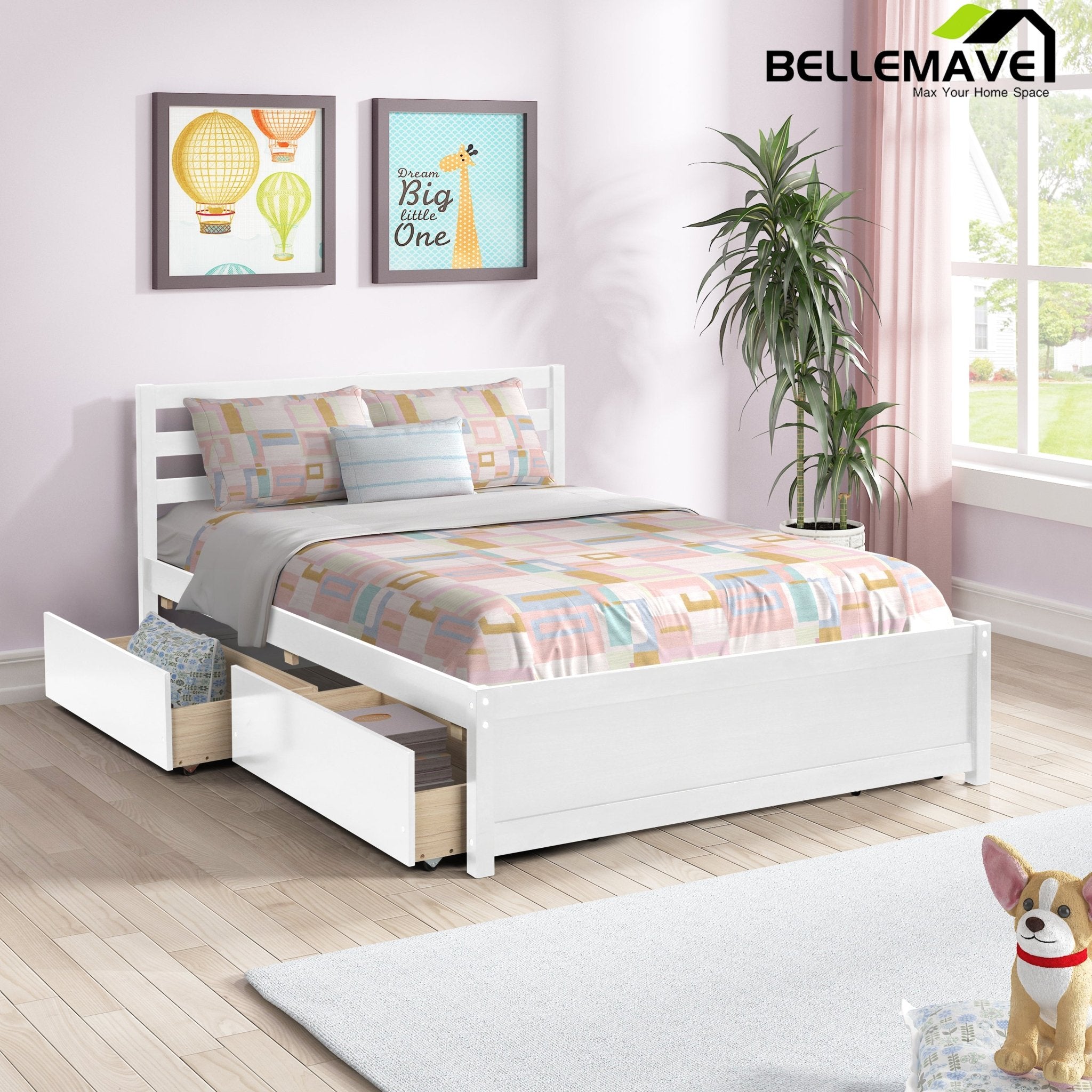 Bellemave Full Size Wood Platform Bed Frame w/Headboard and Four Drawers - Bellemave