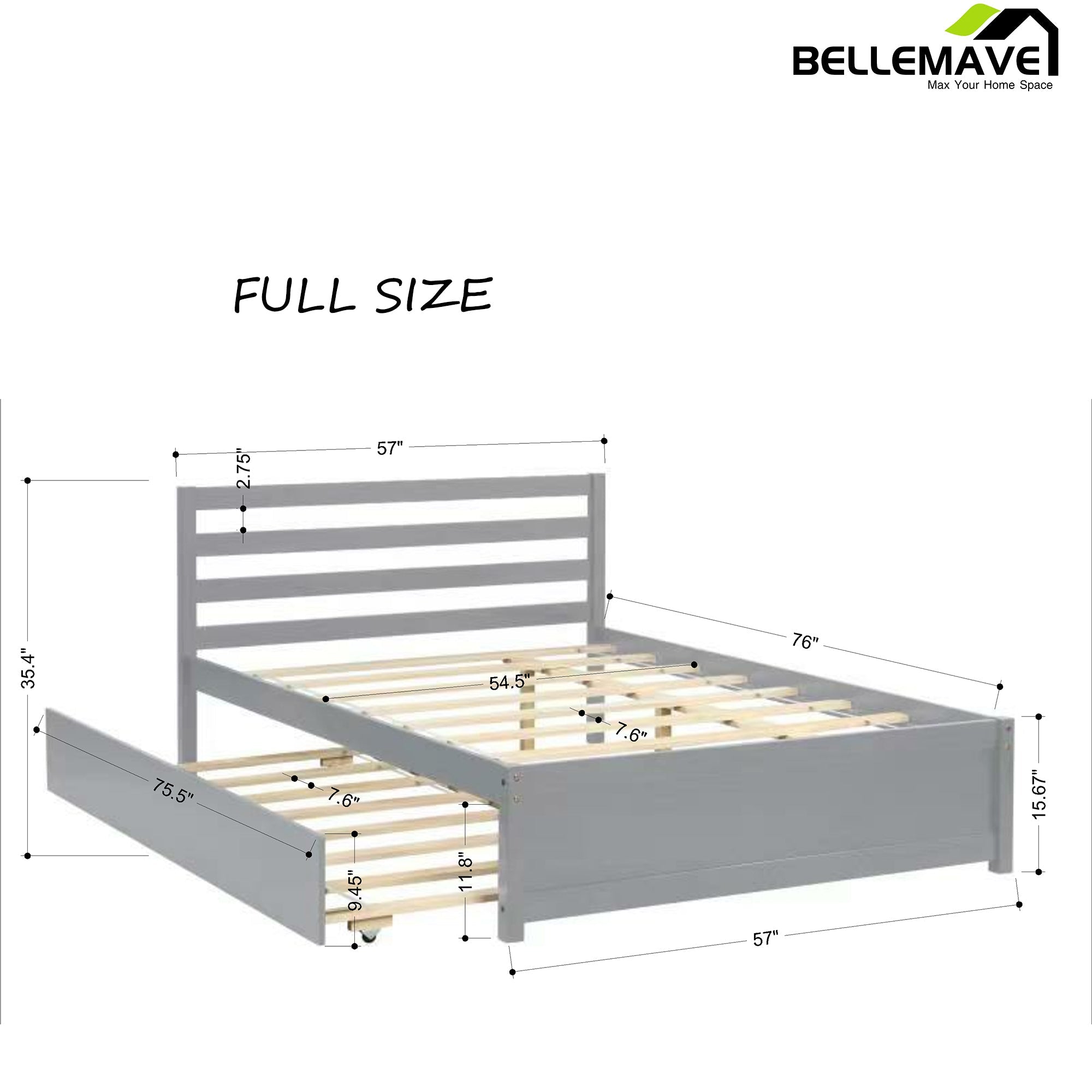 Bellemave Full Size Wood Platform Bed Frame with Headboard and Twin trundle - Bellemave