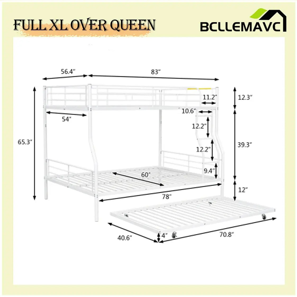 Bellemave Full XL Over Queen Metal Bunk Bed with Trundle - Bellemave