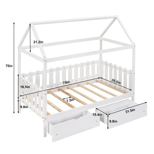 Bellemave House Bed with drawers, Fence-shaped Guardrail - Bellemave