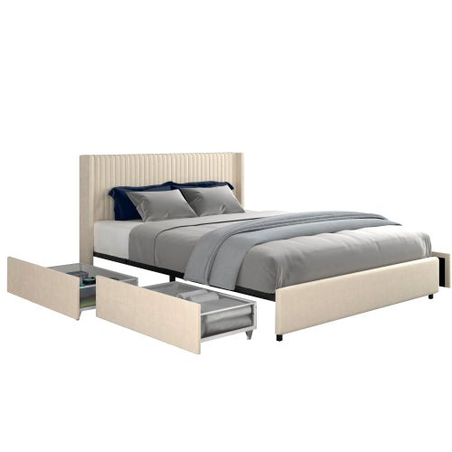 Bellemave Ivory velvet padded wing back platform bed with 4 drawers - Bellemave