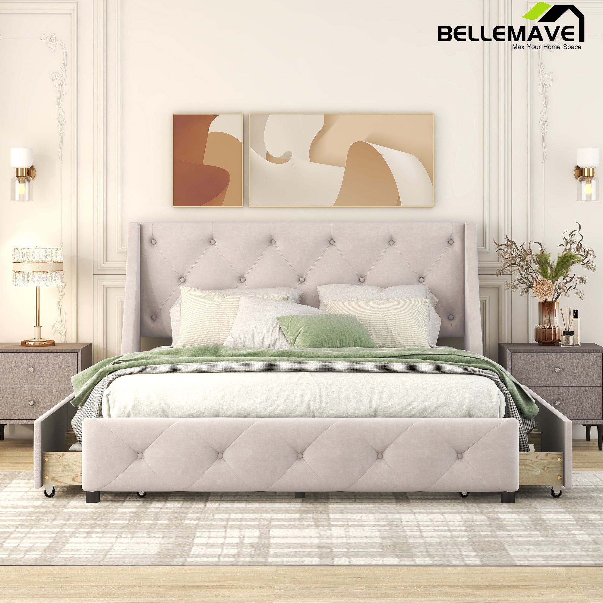 Bellemave Linen Fabric Queen Upholstered Platform Bed with Drawers - Bellemave
