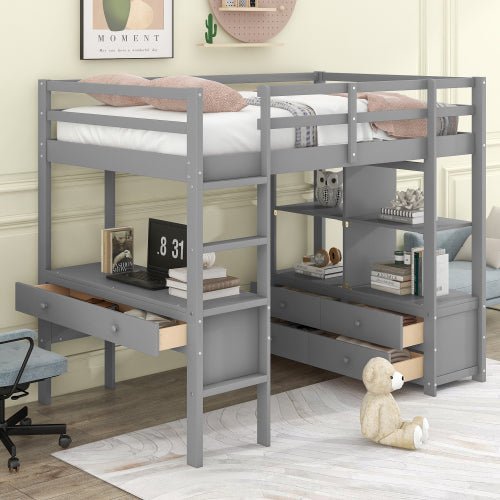 Bellemave Loft Bed with Built-in Desk with Two Drawers, and Storage Shelves and Drawers - Bellemave