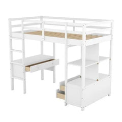 Bellemave Loft Bed with Built-in Desk with Two Drawers, and Storage Shelves and Drawers - Bellemave