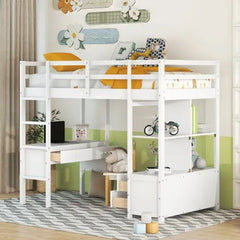 Bellemave Loft Bed with Built-in Desk with Two Drawers, and Storage Shelves and Drawers - Bellemave