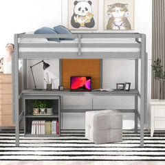 Bellemave Loft Bed with Desk and Writing Board, Wooden Loft Bed with Desk & 2 Drawers Cabinet - Bellemave