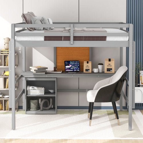 Bellemave Loft Bed with Desk and Writing Board, Wooden Loft Bed with Desk & 2 Drawers Cabinet - Bellemave