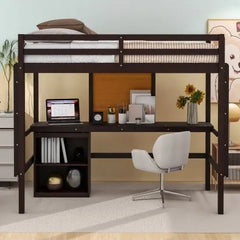 Bellemave Loft Bed with Desk and Writing Board, Wooden Loft Bed with Desk & 2 Drawers Cabinet - Bellemave