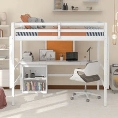 Bellemave Loft Bed with Desk and Writing Board, Wooden Loft Bed with Desk & 2 Drawers Cabinet - Bellemave