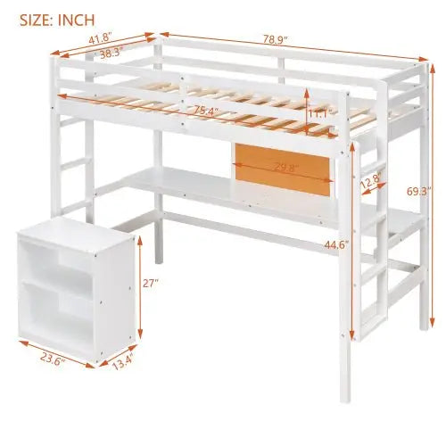 Bellemave Loft Bed with Desk and Writing Board, Wooden Loft Bed with Desk & 2 Drawers Cabinet - Bellemave