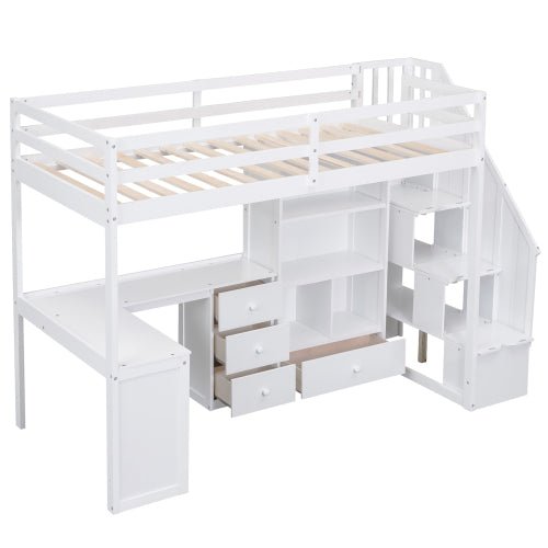 Bellemave Loft Bed with L-Shaped Desk and Drawers, Cabinet and Storage Staircase - Bellemave
