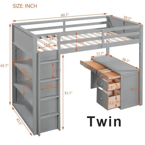 Bellemave Loft Bed with Ladder, Shelves, and Desk - Bellemave