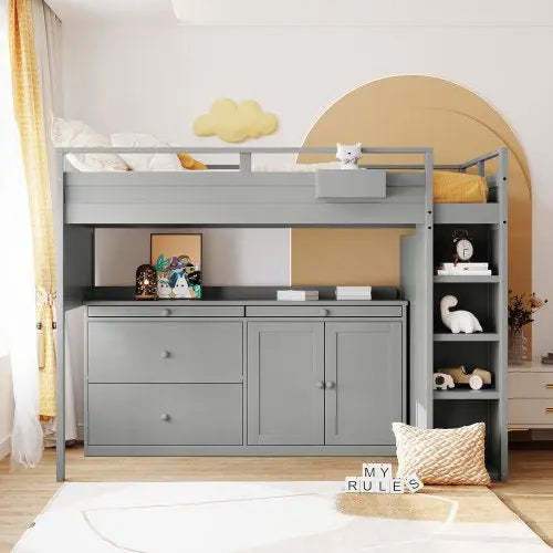 Bellemave Loft Bed with Rolling Cabinet and Desk - Bellemave