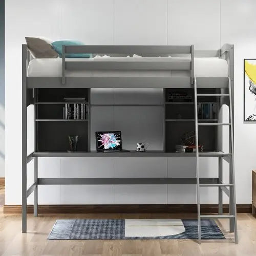 Bellemave Loft Bed with Storage Shelves, Desk and Ladder - Bellemave