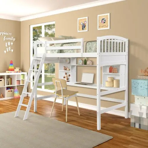 Bellemave Loft Bed with Storage Shelves, Desk and Ladder - Bellemave