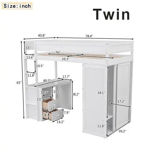 Bellemave® Loft Bed with Wardrobes,2 Drawer Desk with Cabinet - Bellemave