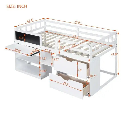 Bellemave Low Loft Bed with Rolling Desk, Shelf and Drawers - Bellemave