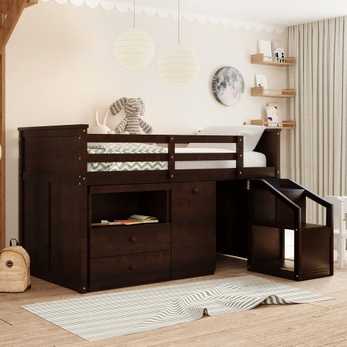 Bellemave Low Study Twin Size Loft Bed With Storage Steps and Portable Desk - Bellemave