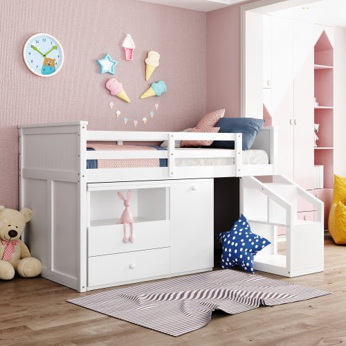 Bellemave Low Study Twin Size Loft Bed With Storage Steps and Portable Desk - Bellemave