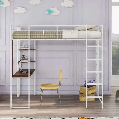 Bellemave Metal Loft Bed with 2 Shelves and one Desk - Bellemave