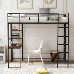 Bellemave Metal Loft Bed with 2 Shelves and one Desk - Bellemave