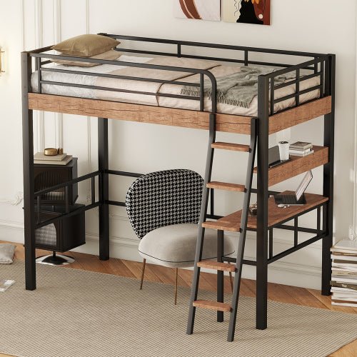 Bellemave Metal Loft Bed with Built-in Desk, Storage Shelf and Ladder - Bellemave