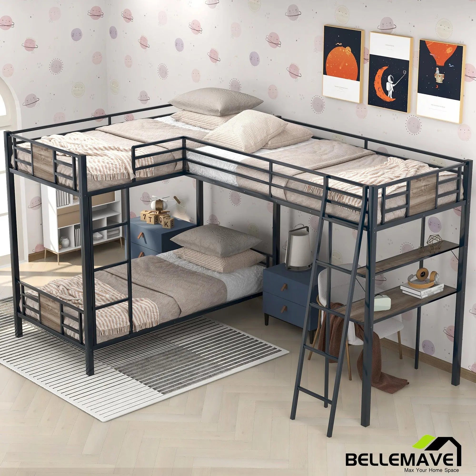 Bellemave Metal Triple Twin over Twin Bunk Bed L-Shaped with Desk and Shelf - Bellemave