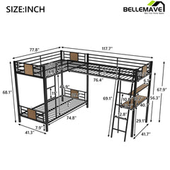 Bellemave Metal Triple Twin over Twin Bunk Bed L-Shaped with Desk and Shelf - Bellemave