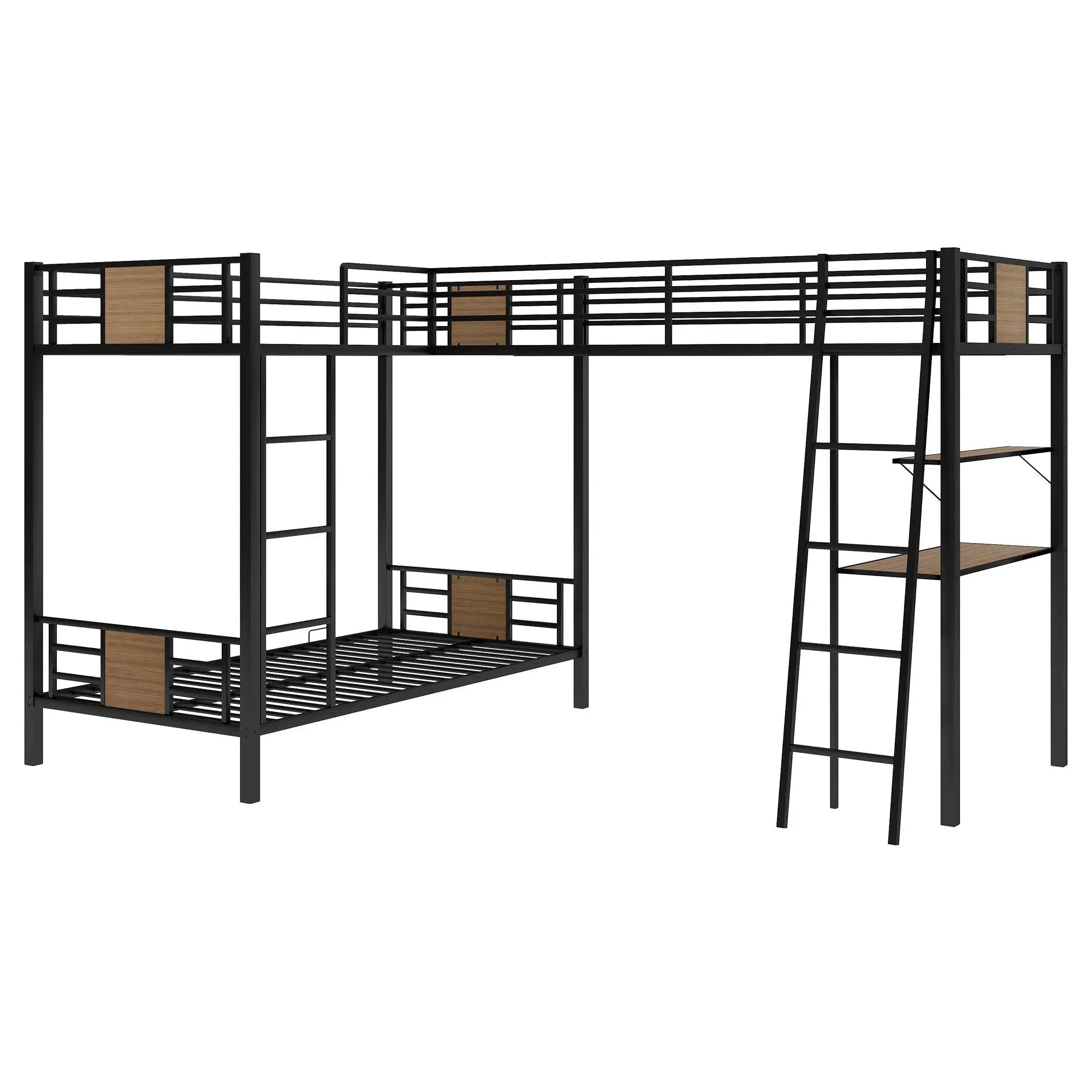 Bellemave Metal Triple Twin over Twin Bunk Bed L-Shaped with Desk and Shelf - Bellemave