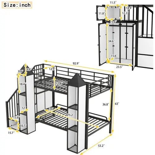 Bellemave Metal Twin-Size Castle-shaped Bunk Bed with Wardrobe and Multiple Storage - Bellemave