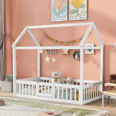 Bellemave® Montessori Wood Floor House Bed with Fence and Door - Bellemave