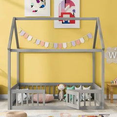 Bellemave® Montessori Wood Floor House Bed with Fence and Door - Bellemave