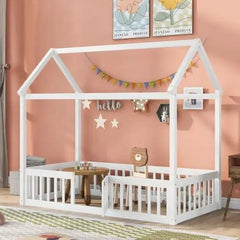 Bellemave® Montessori Wood Floor House Bed with Fence and Door - Bellemave