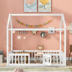 Bellemave® Montessori Wood Floor House Bed with Fence and Door - Bellemave