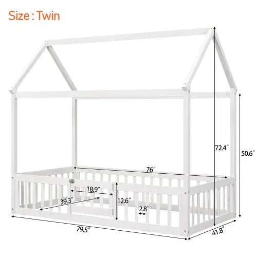 Bellemave® Montessori Wood Floor House Bed with Fence and Door - Bellemave