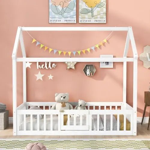 Bellemave® Montessori Wood Floor House Bed with Fence and Door - Bellemave