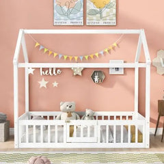 Bellemave® Montessori Wood Floor House Bed with Fence and Door - Bellemave