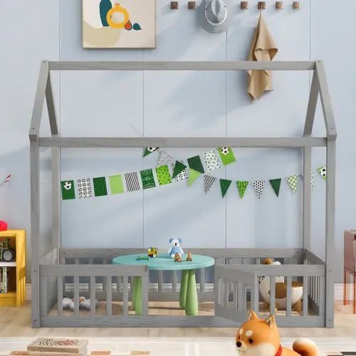 Bellemave® Montessori Wood Floor House Bed with Fence and Door - Bellemave