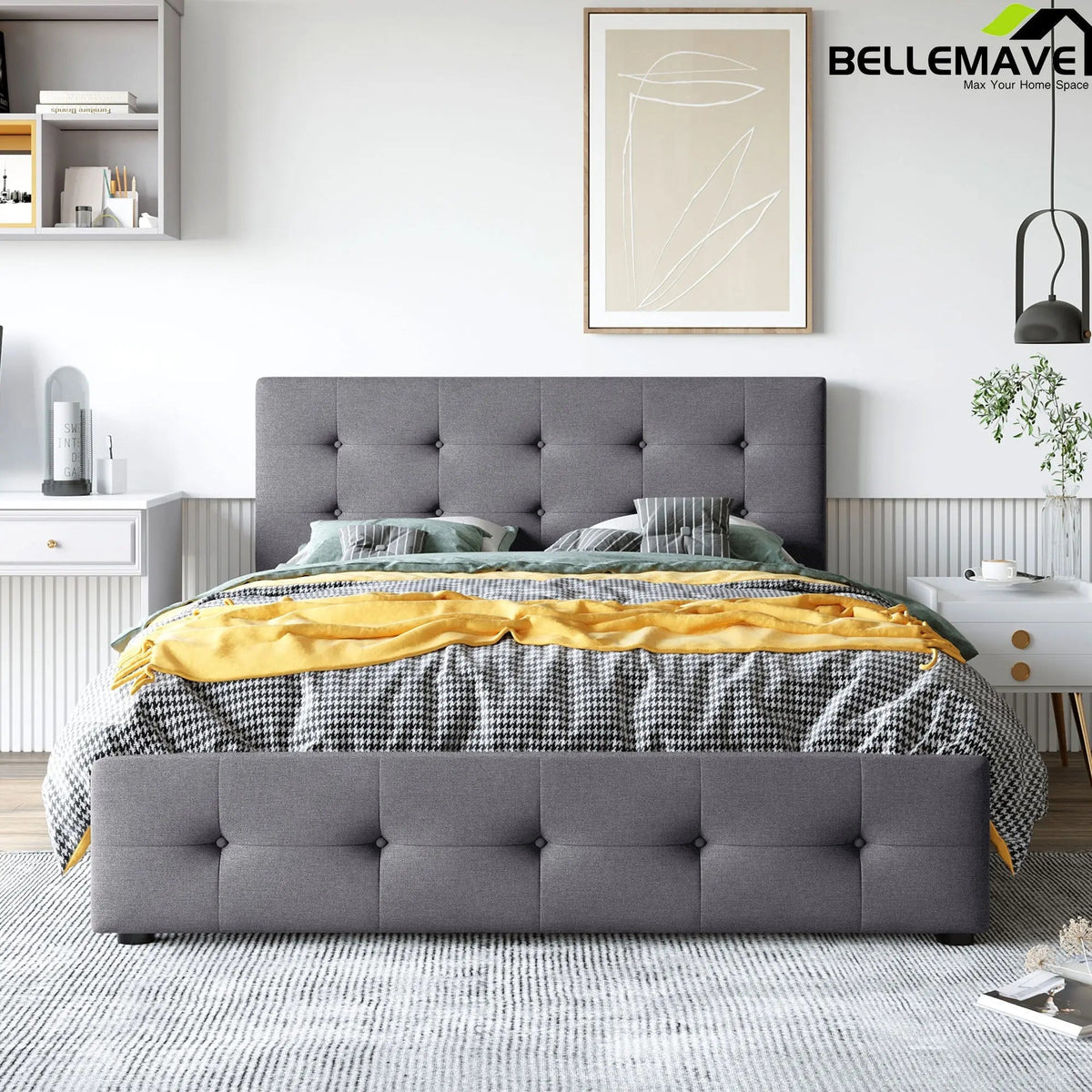 Bellemave® Queen Size Linen Upholstered Platform Bed with 4 Drawers - Bellemave