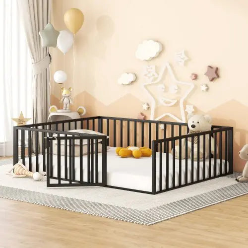 Bellemave Queen Size Metal Floor Bed Frame with Fence and Door - Bellemave