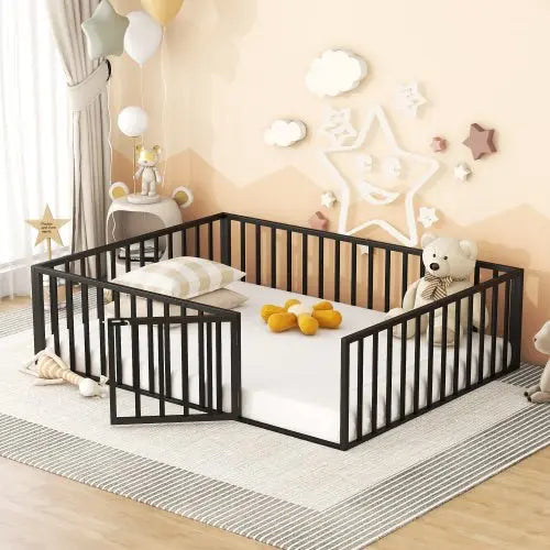 Bellemave Queen Size Metal Floor Bed Frame with Fence and Door - Bellemave