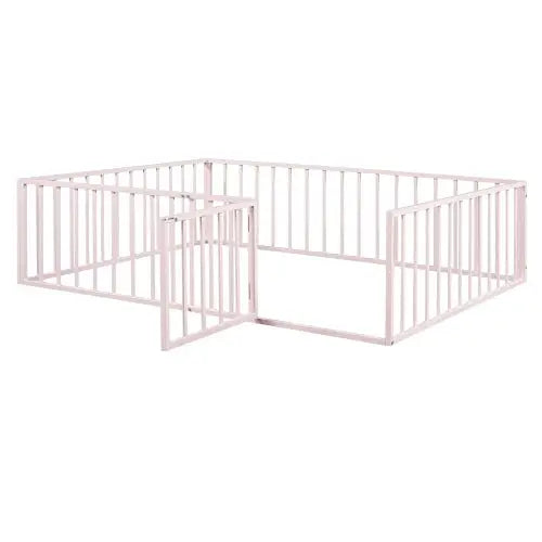 Bellemave Queen Size Metal Floor Bed Frame with Fence and Door - Bellemave