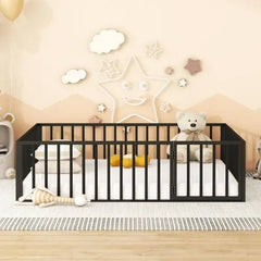 Bellemave® Queen Size Metal Floor Bed with Fence and Door - Bellemave